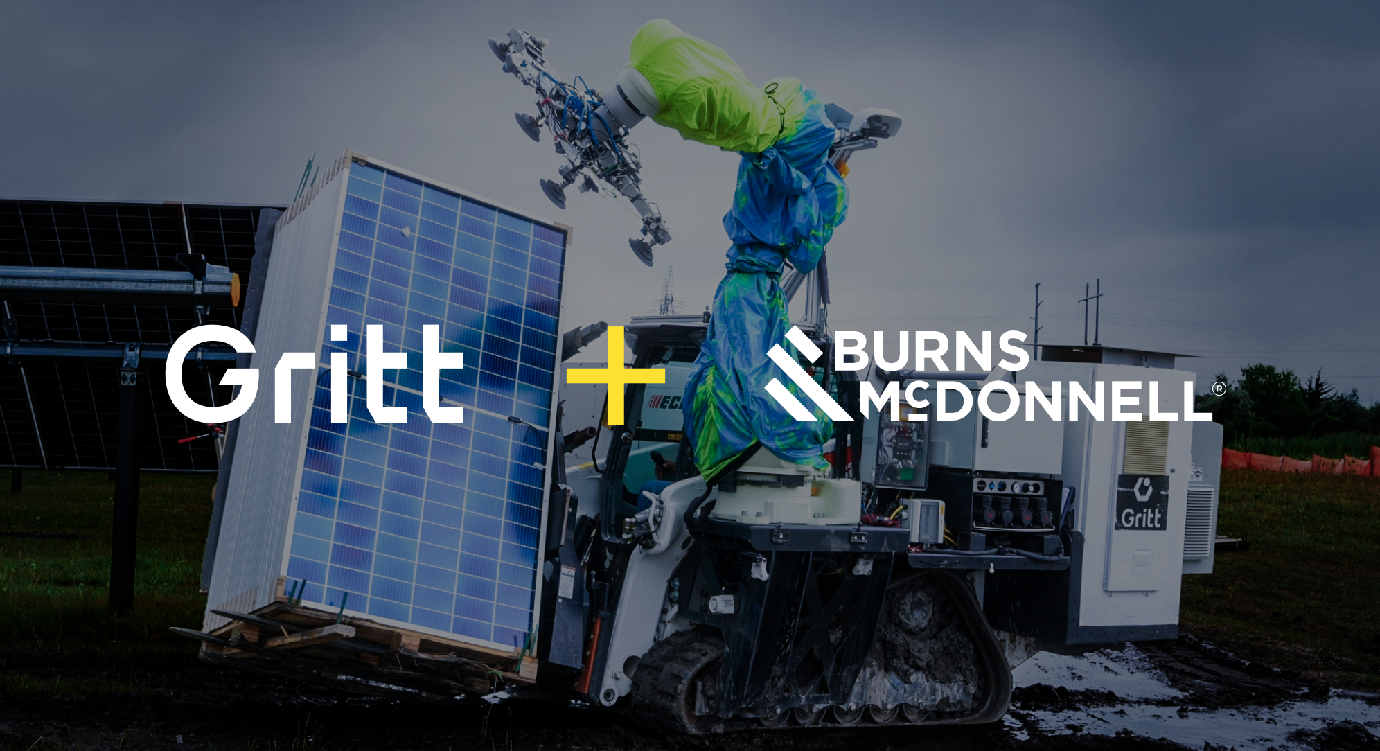Gritt and Burns and McDonnell logos over a Gritt robot placing a solar panel